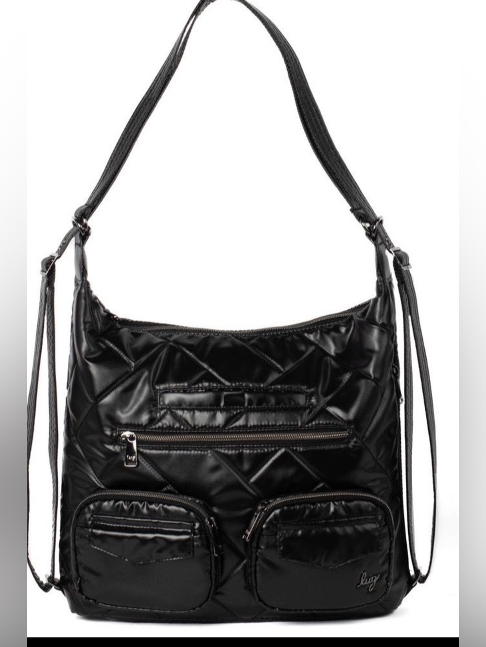 LUG ❤️Zipliner 2 Metallic Black Quilted Hobo purse convertible backpack